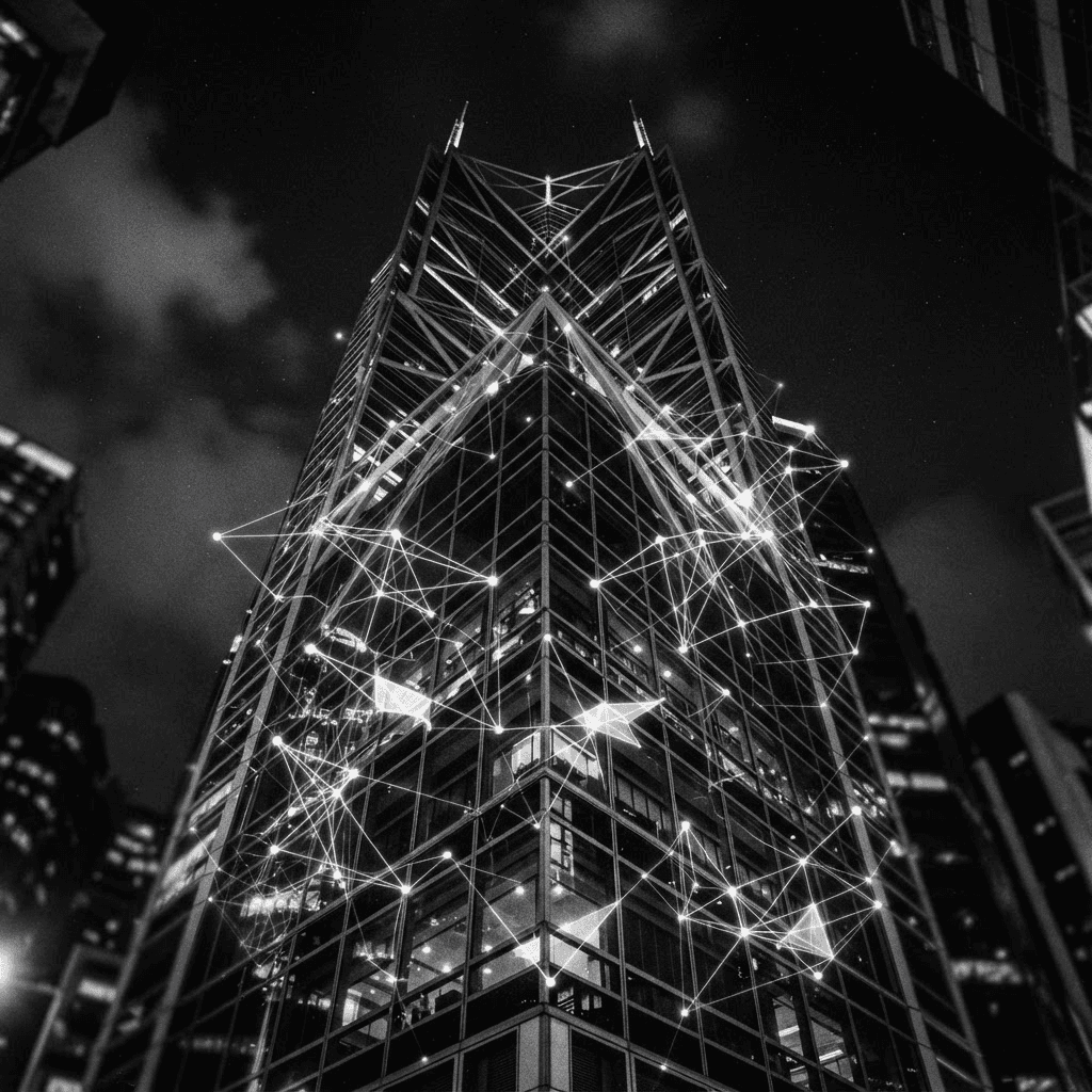 High-contrast black and white photograph looking up at a glass exchange building facade at night with an abstract illuminated grid pattern overlaid on the glass