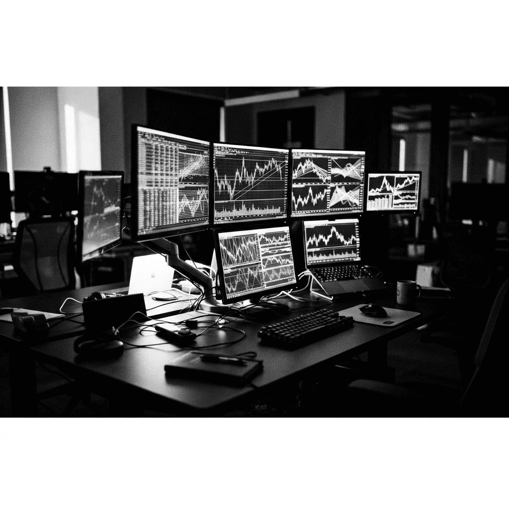 High-contrast black and white photograph of a dark trading research desk with multiple monitors showing abstract layered data grids and glowing line charts