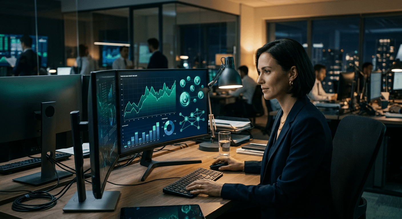 Professional treasury desk with a monitor showing an abstract tokenized money-market fund dashboard and blockchain settlement network