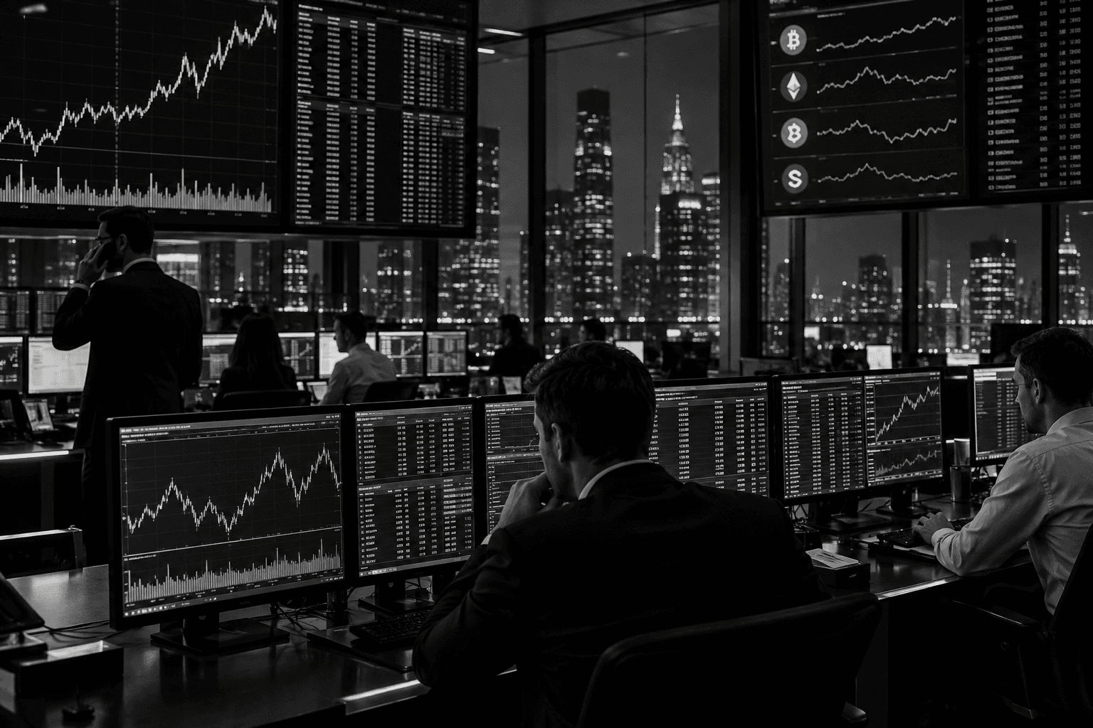 Editorial photograph of a fintech trading floor with monitors displaying tickers and order books in dim lighting