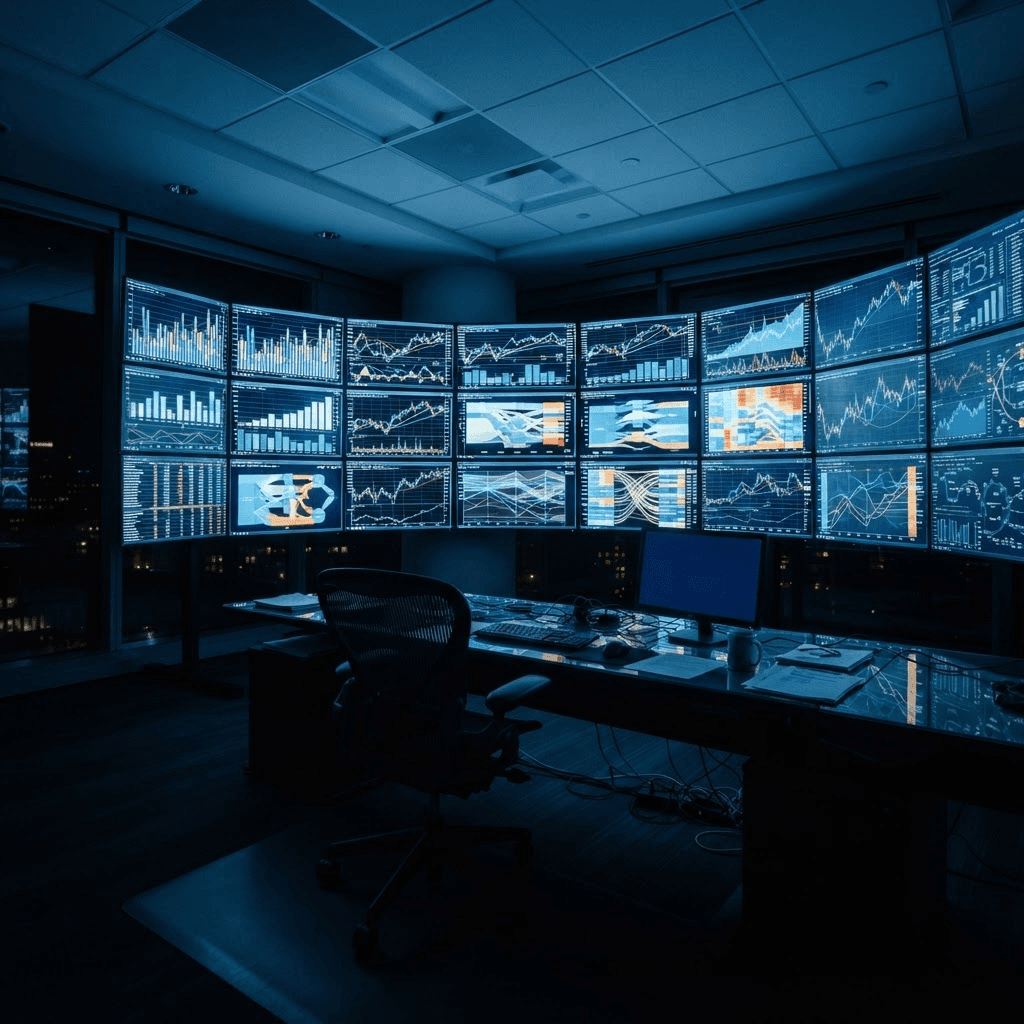 Cinematic color photograph of a dark corporate treasury control room at night with several large monitors glowing with abstract cash-flow charts, a single empty desk chair