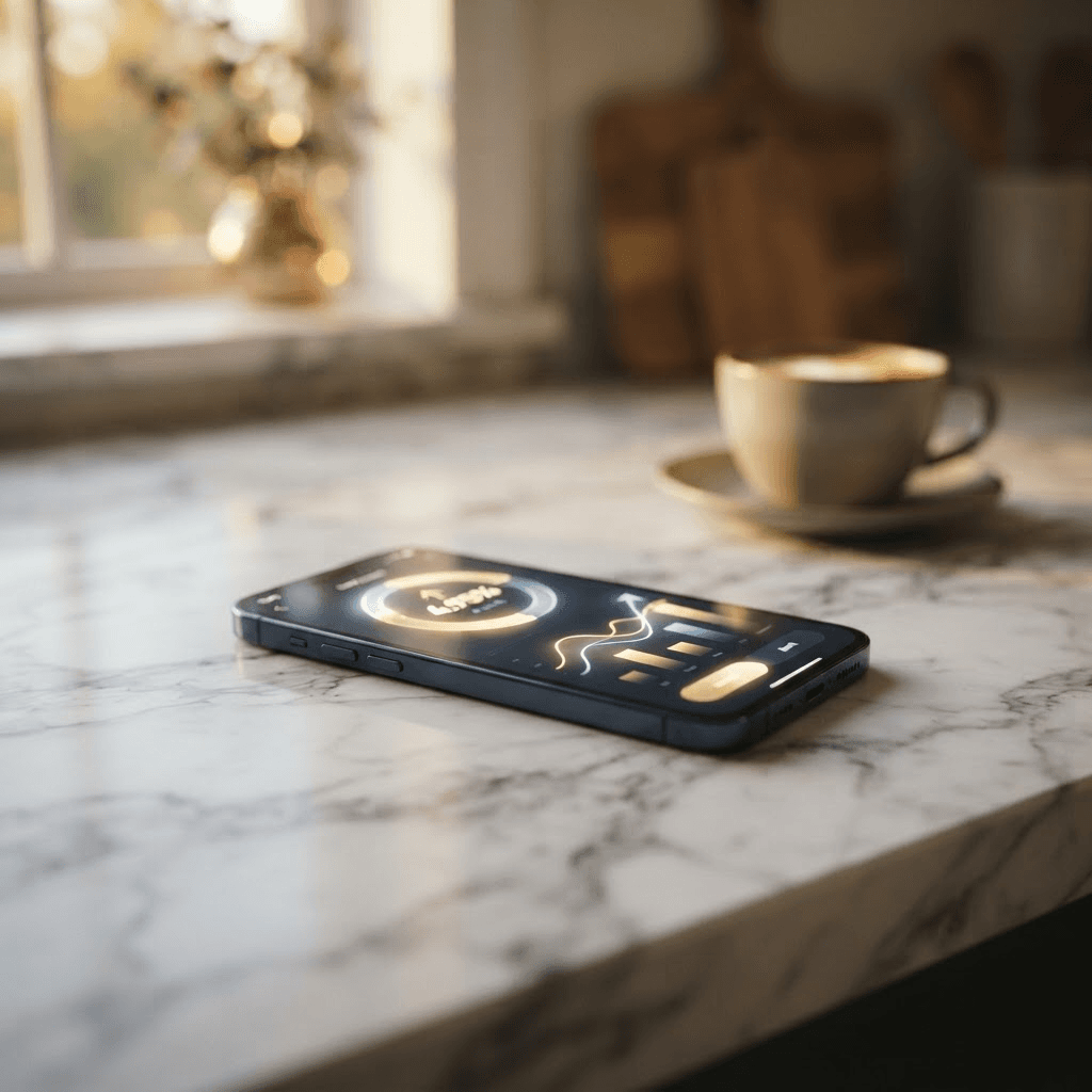 Cinematic color photograph of a smartphone on a marble counter displaying an abstract glowing savings account interface with a percentage yield indicator