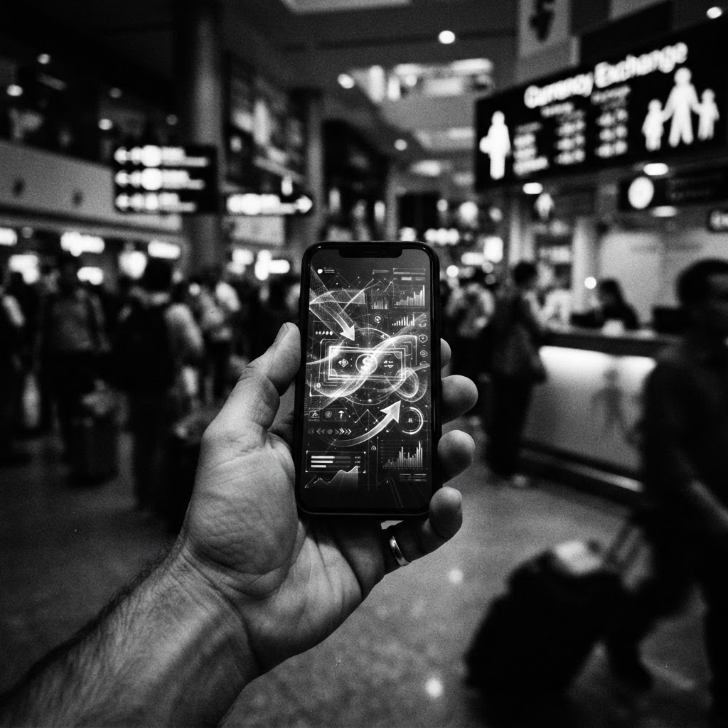 Hand holding a smartphone showing a money transfer interface in front of a blurred currency exchange counter