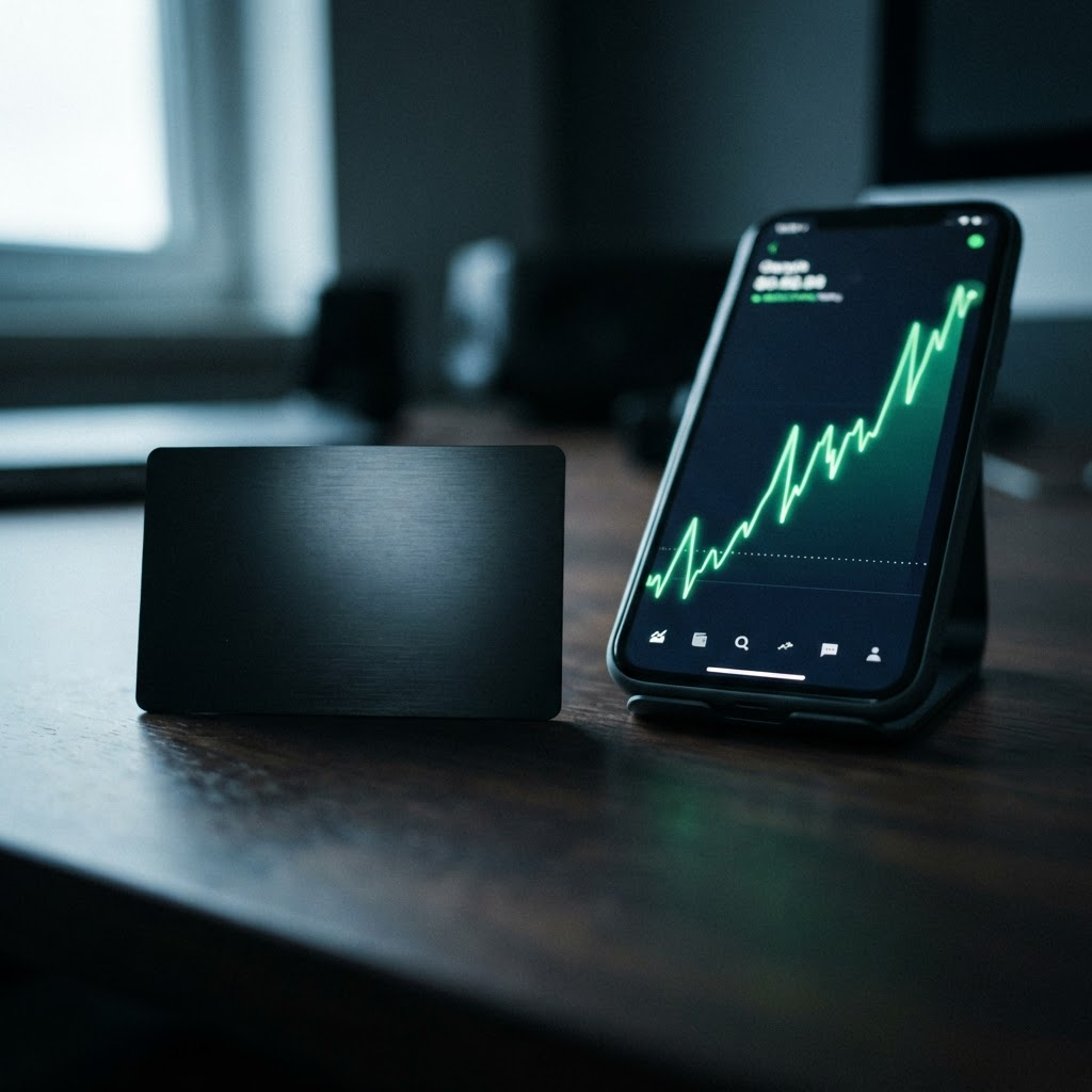 Matte black metal payment card on a dark desk beside a phone displaying a rising chart