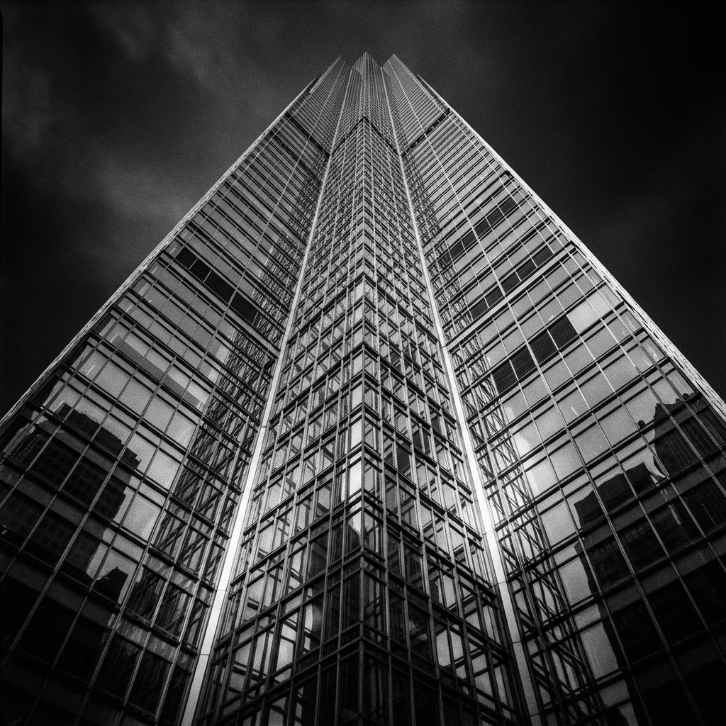 Monolithic glass and steel investment bank headquarters tower photographed from below in high-contrast monochrome