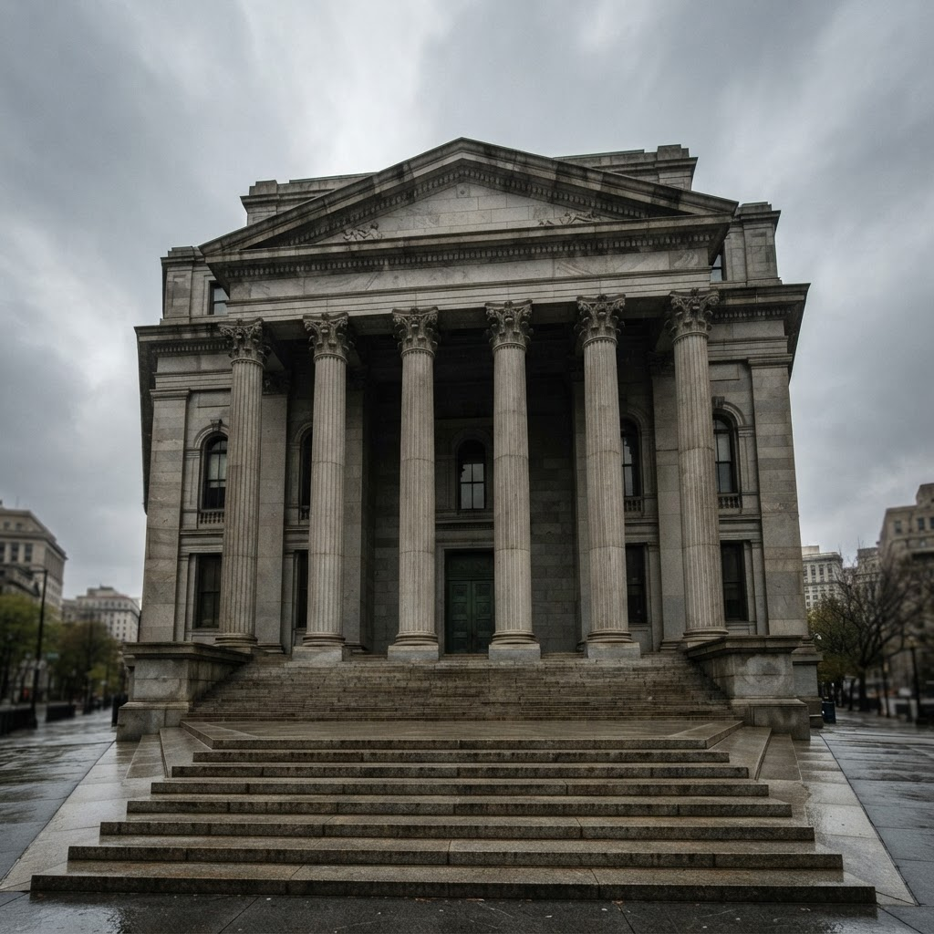 Neoclassical financial regulator building with tall stone columns under an overcast sky
