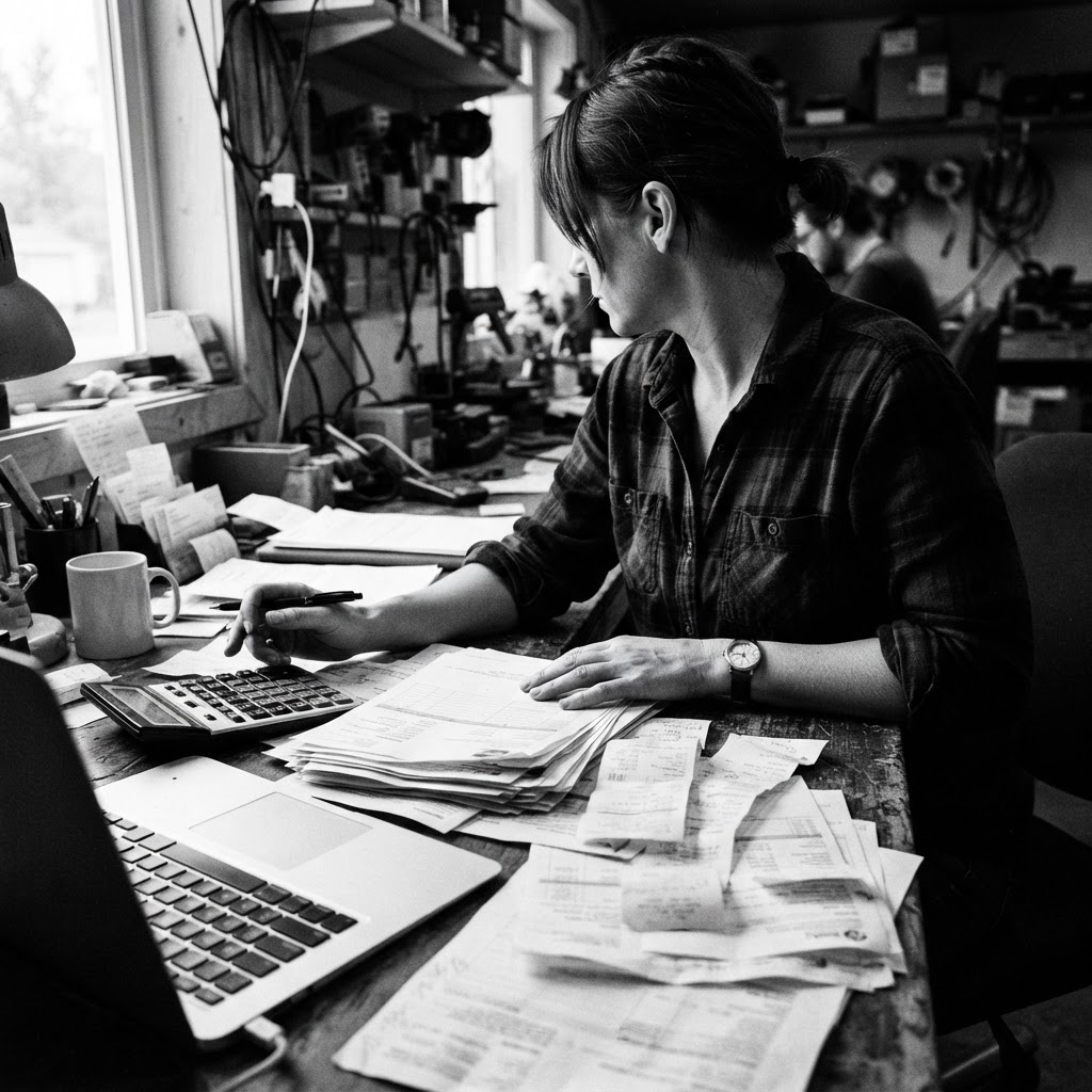 Small business owner’s desk with paper invoices, a calculator and a laptop in high-contrast monochrome