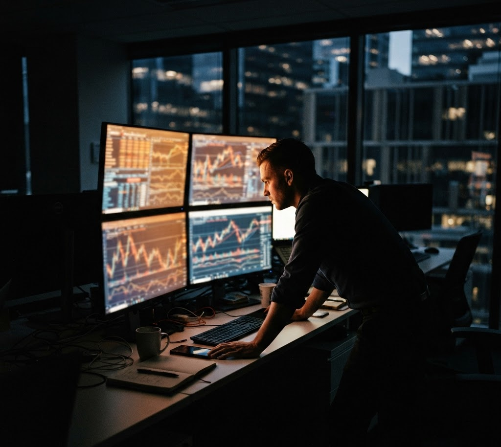 Trading desk at night with several monitors showing blurred candlestick charts